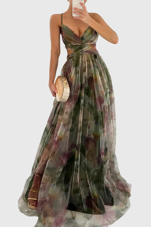 Giselle | Women's Floral Print High-Waisted Maxi Dress with Crisscross Straps