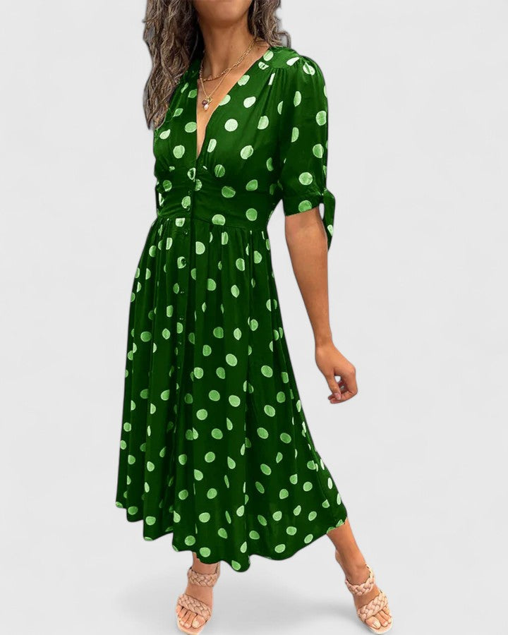 Colette | Women's V-Neck Polka Dot Midi Dress with Bow-Tie Sleeves