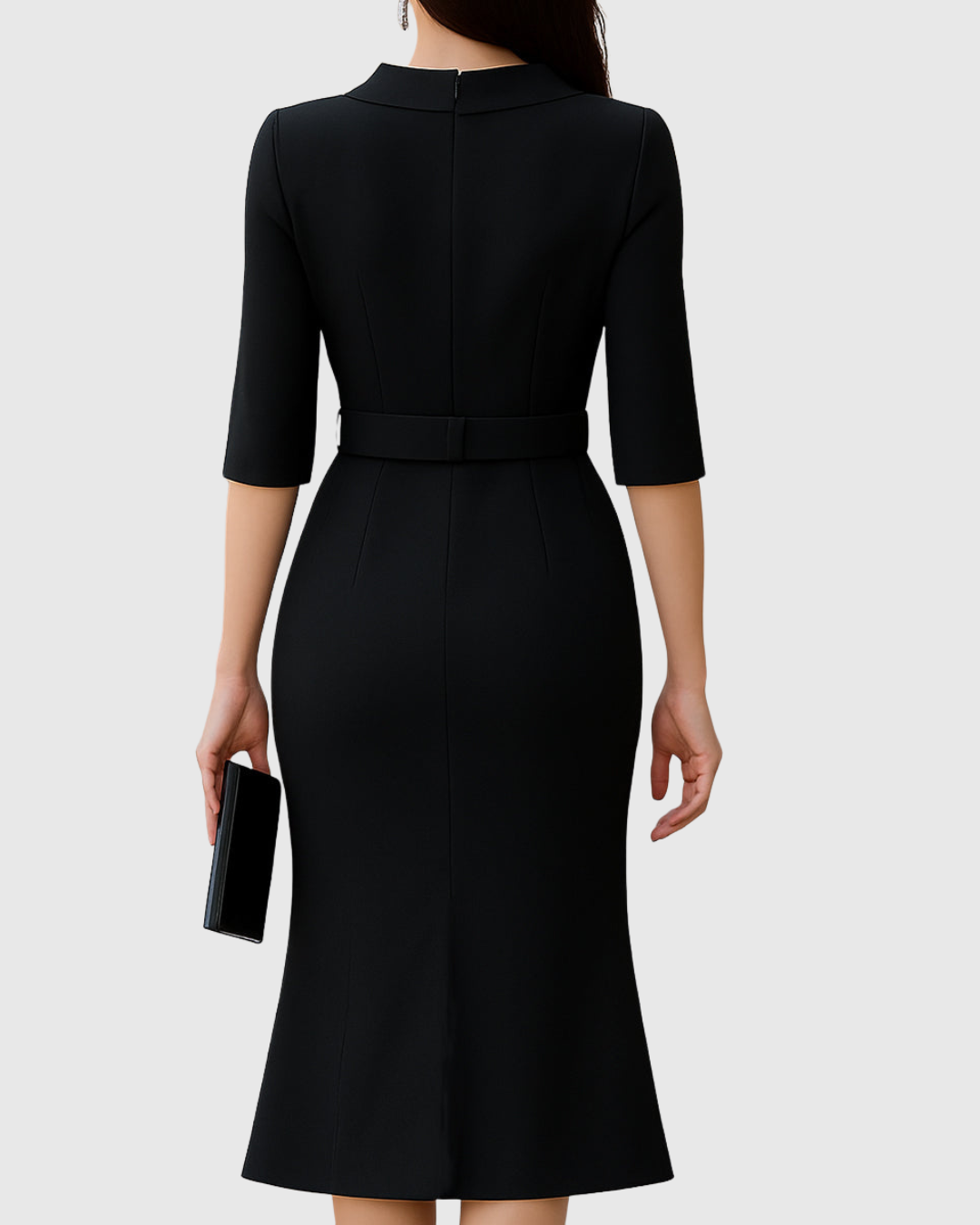 Blythewyn | Women's Belted High-Neck Black Midi Dress with Asymmetric Hem