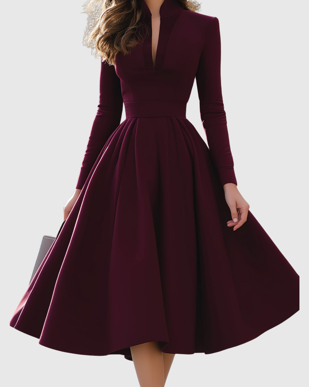 Avelina | Women's V-Neck Long Sleeve Midi Dress with Pleated Skirt