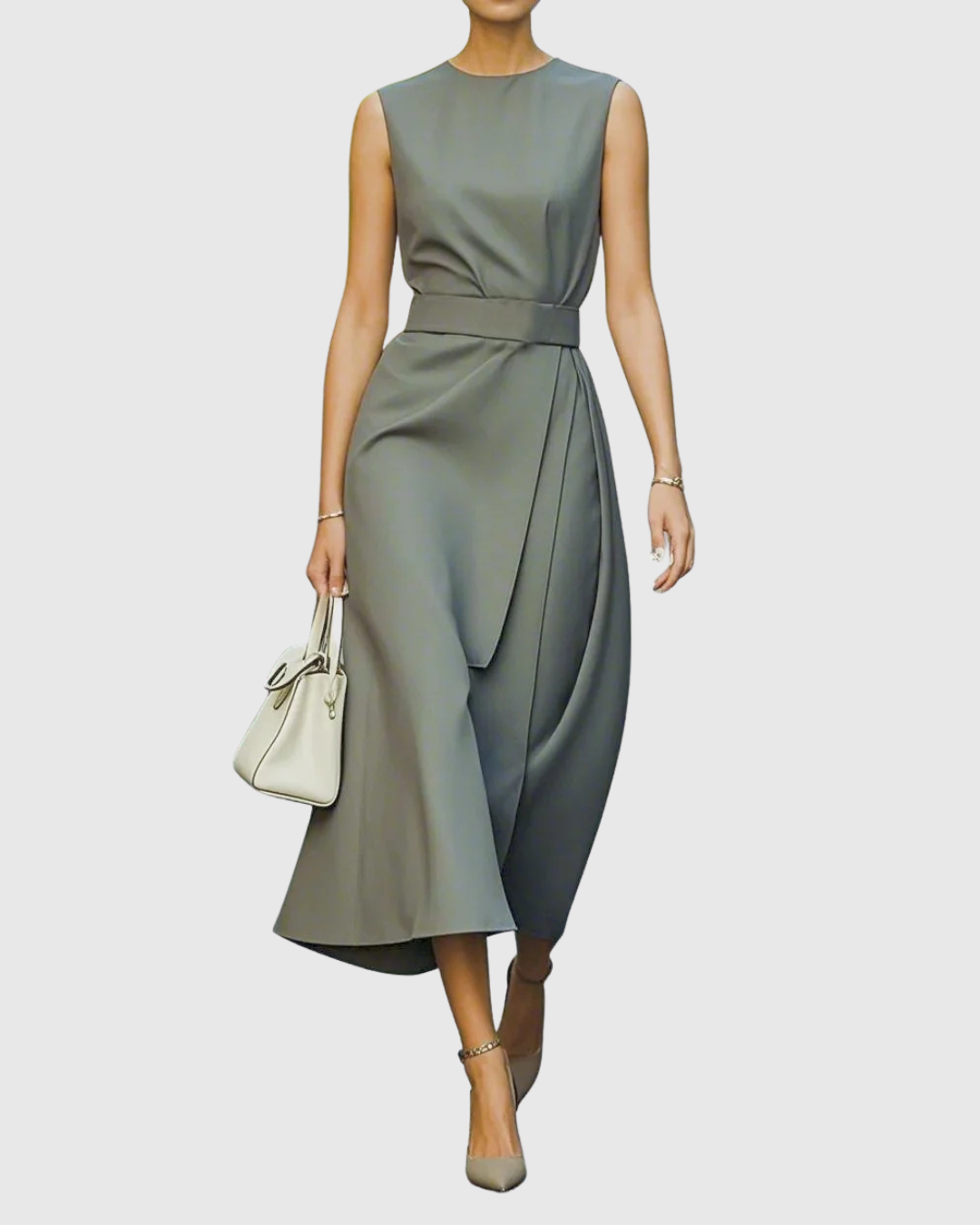 Clarimond | Women's Sleeveless Round Neck Below-Knee Dress with Side Zip