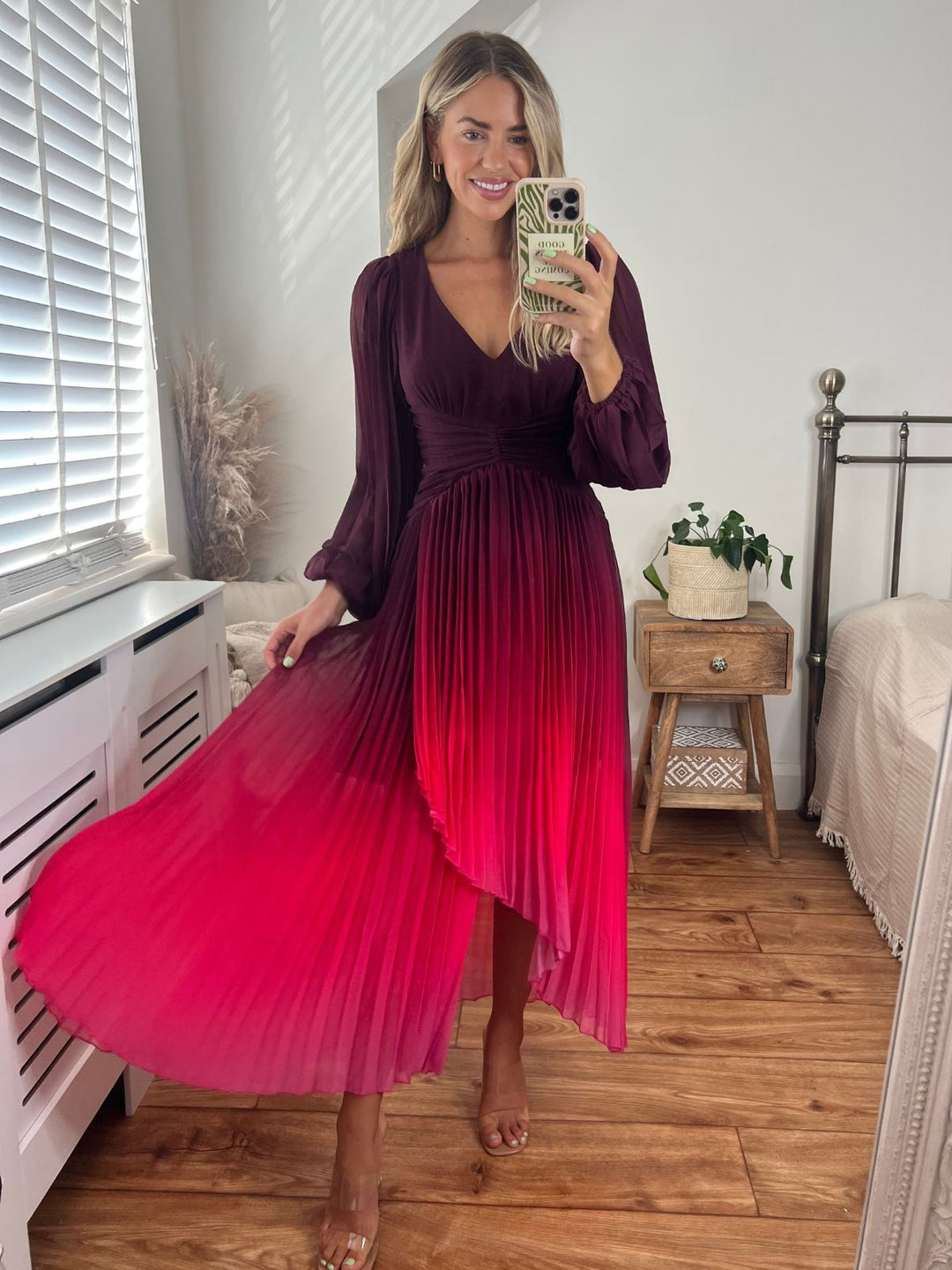 Toni Long Sleeved Pleated Maxi Dress / Mulberry & Pink Ombre