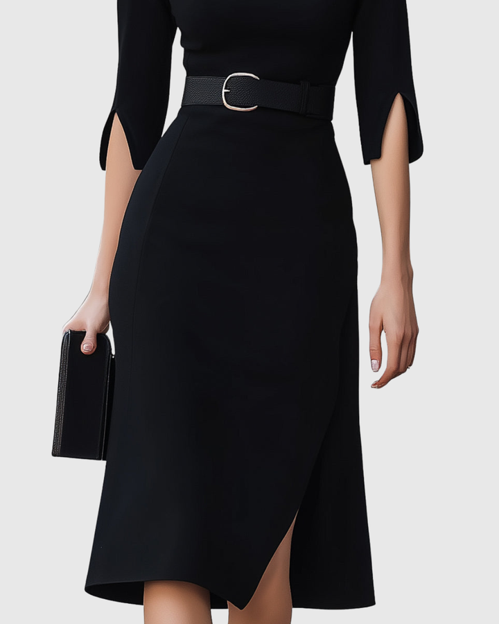 Blythewyn | Women's Belted High-Neck Black Midi Dress with Asymmetric Hem