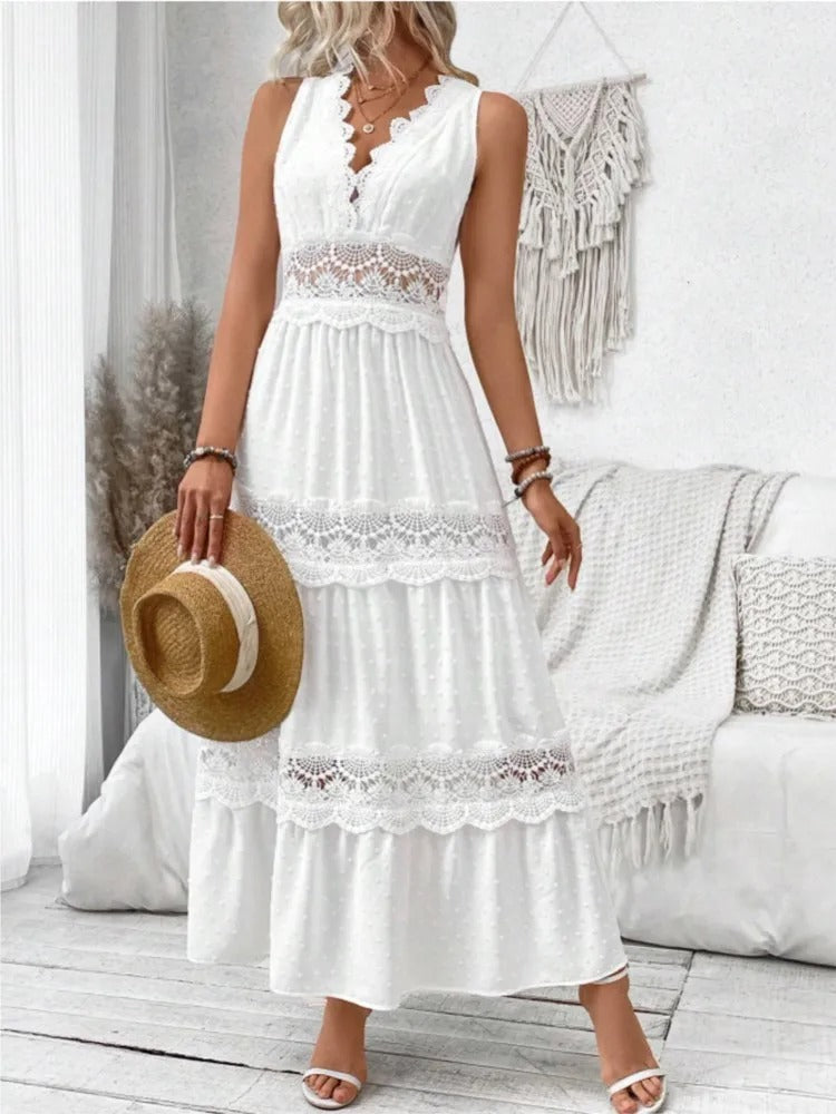 Luna | Women's Lace-Trim Sleeveless Cotton Maxi Dress