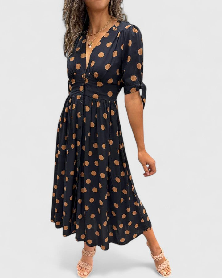 Colette | Women's V-Neck Polka Dot Midi Dress with Bow-Tie Sleeves