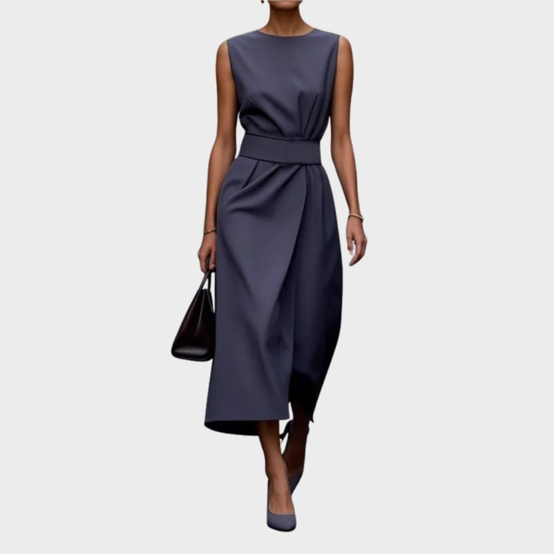 Clarimond | Women's Sleeveless Round Neck Below-Knee Dress with Side Zip