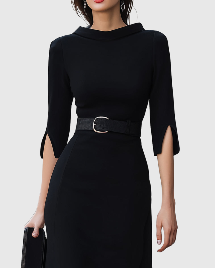 Blythewyn | Women's Belted High-Neck Black Midi Dress with Asymmetric Hem