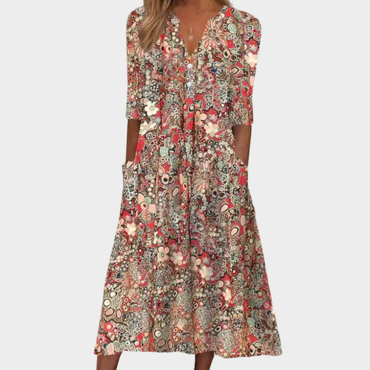 Queenie | Women's Elegant Floral Print Dress with Side Pockets and Loose Fit