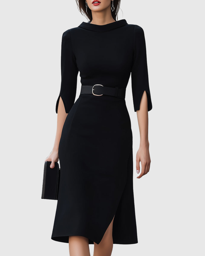 Blythewyn | Women's Belted High-Neck Black Midi Dress with Asymmetric Hem