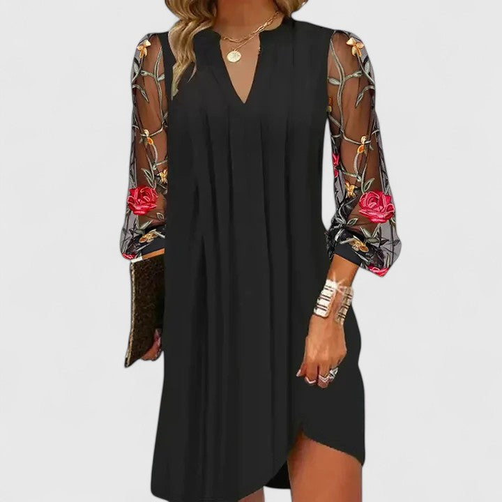 Donna | Women's V-Neck Mini Dress with Sheer Long Sleeves