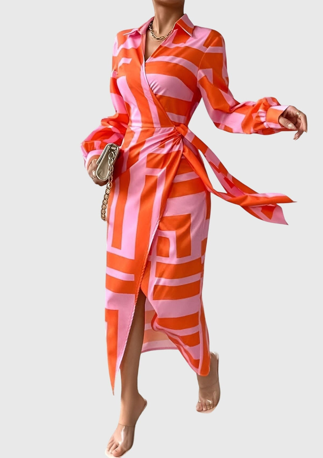 Everly | Women's Elegant Printed Wrap Dress With Collar and Adjustable Waist
