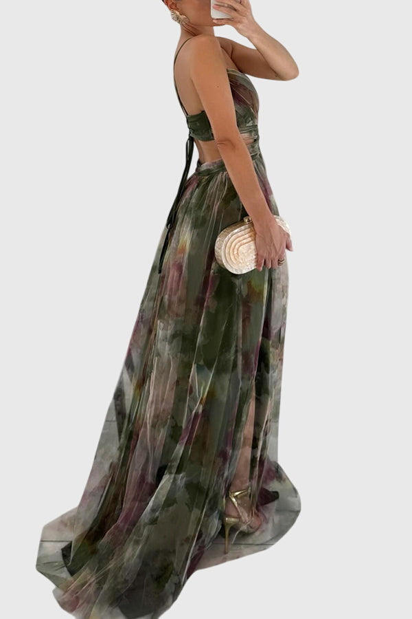 Giselle | Women's Floral Print High-Waisted Maxi Dress with Crisscross Straps