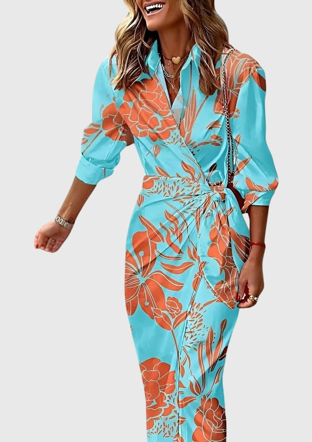 Everly | Women's Elegant Printed Wrap Dress With Collar and Adjustable Waist