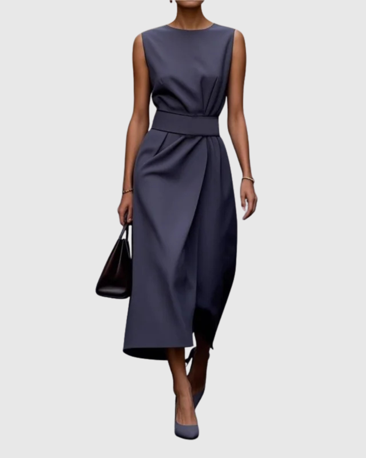 Clarimond | Women's Sleeveless Round Neck Below-Knee Dress with Side Zip