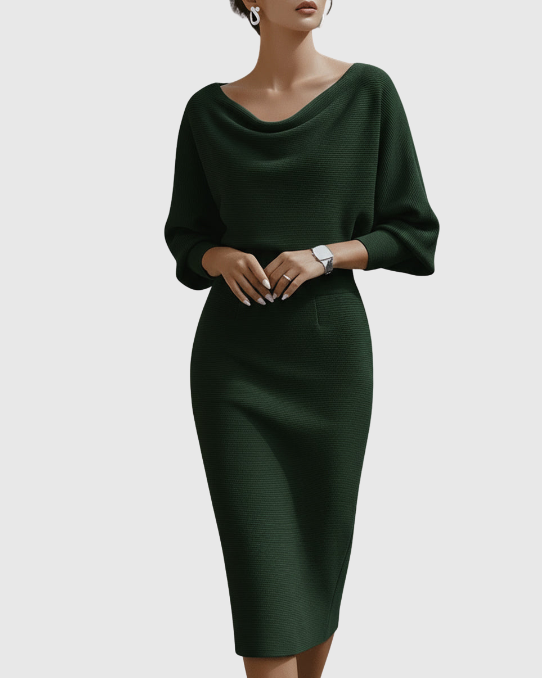 Ismeria | Women's Draped Batwing Midi Dress with Cowl Neckline
