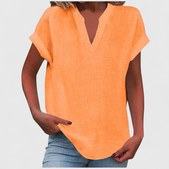 Xavinah | Women's Comfortable V-Neck Blouse with Rolled Short Sleeves