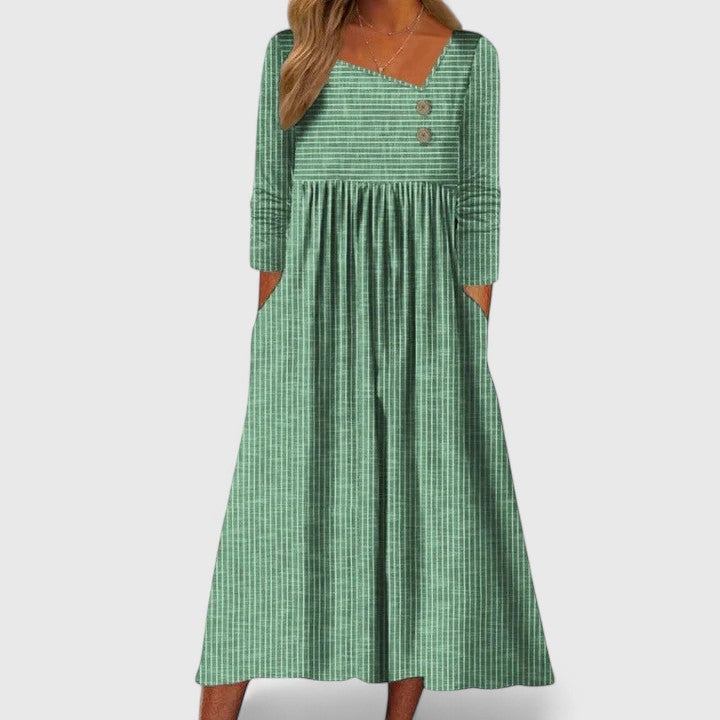 Cleomarie | Women's Elegant Midi Dress with Asymmetric Neckline and Buttons
