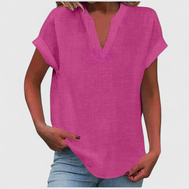 Xavinah | Women's Comfortable V-Neck Blouse with Rolled Short Sleeves