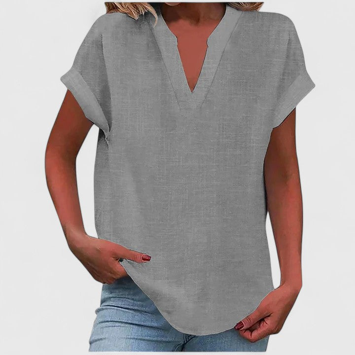Xavinah | Women's Comfortable V-Neck Blouse with Rolled Short Sleeves