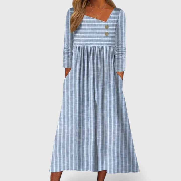 Cleomarie | Women's Elegant Midi Dress with Asymmetric Neckline and Buttons