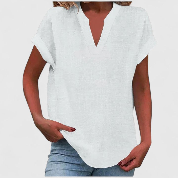 Xavinah | Women's Comfortable V-Neck Blouse with Rolled Short Sleeves