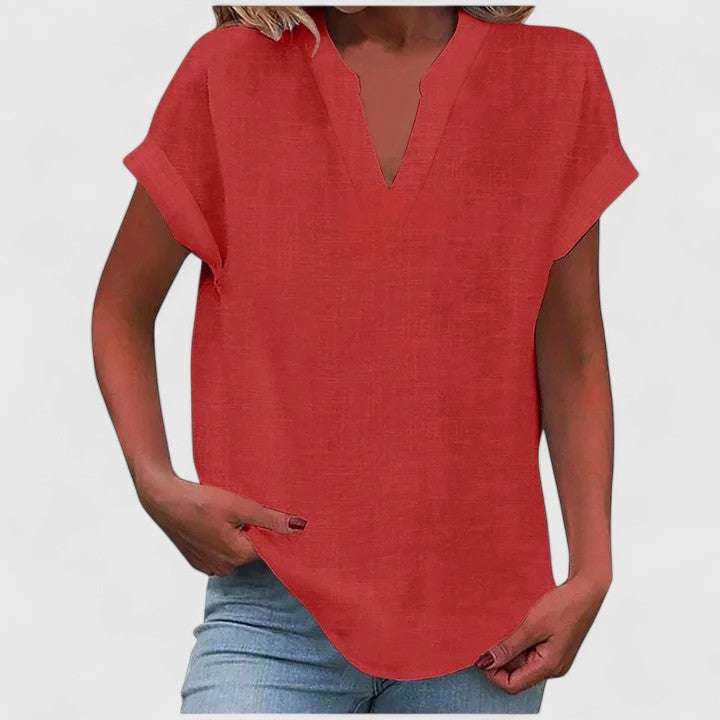 Xavinah | Women's Comfortable V-Neck Blouse with Rolled Short Sleeves