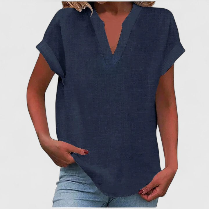 Xavinah | Women's Comfortable V-Neck Blouse with Rolled Short Sleeves