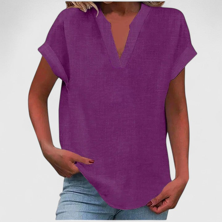 Xavinah | Women's Comfortable V-Neck Blouse with Rolled Short Sleeves