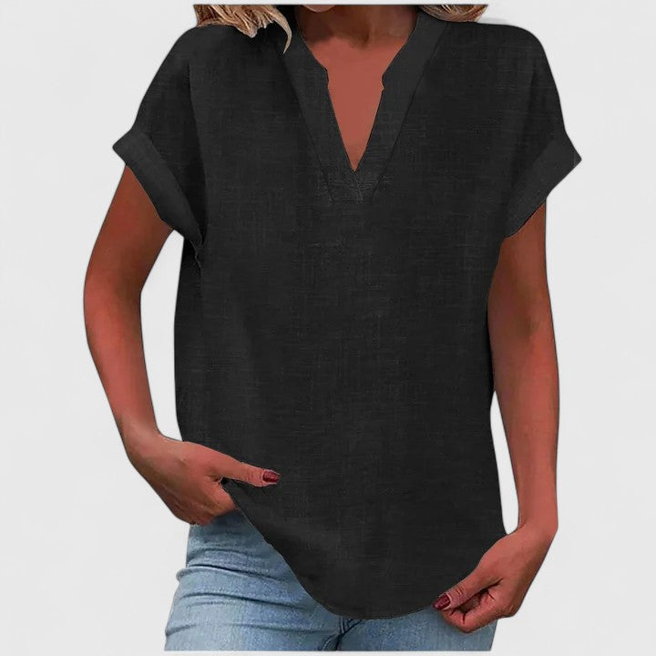 Xavinah | Women's Comfortable V-Neck Blouse with Rolled Short Sleeves