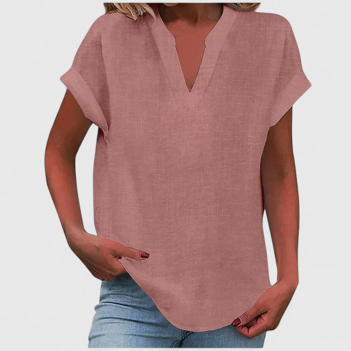 Xavinah | Women's Comfortable V-Neck Blouse with Rolled Short Sleeves