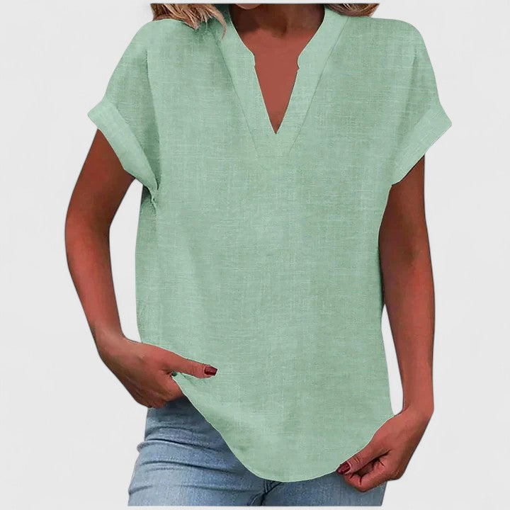 Xavinah | Women's Comfortable V-Neck Blouse with Rolled Short Sleeves
