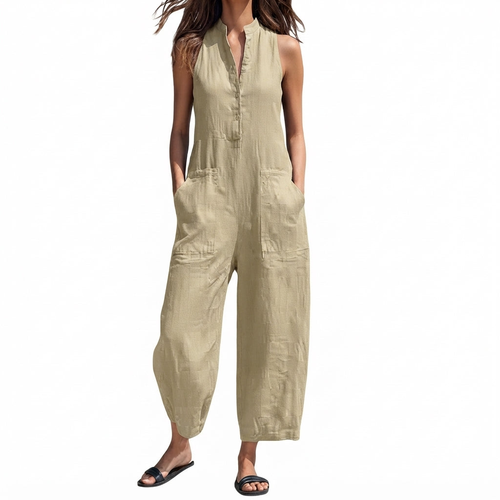Chloe | Women's Sleeveless Linen Blend Jumpsuit with Button-Up Stand Collar
