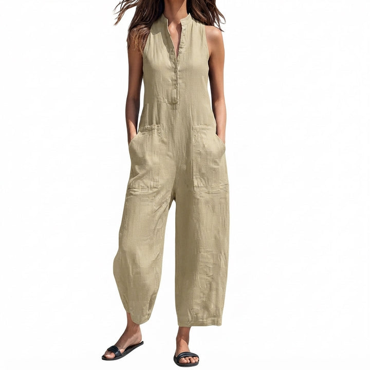 Chloe | Women's Sleeveless Linen Blend Jumpsuit with Button-Up Stand Collar