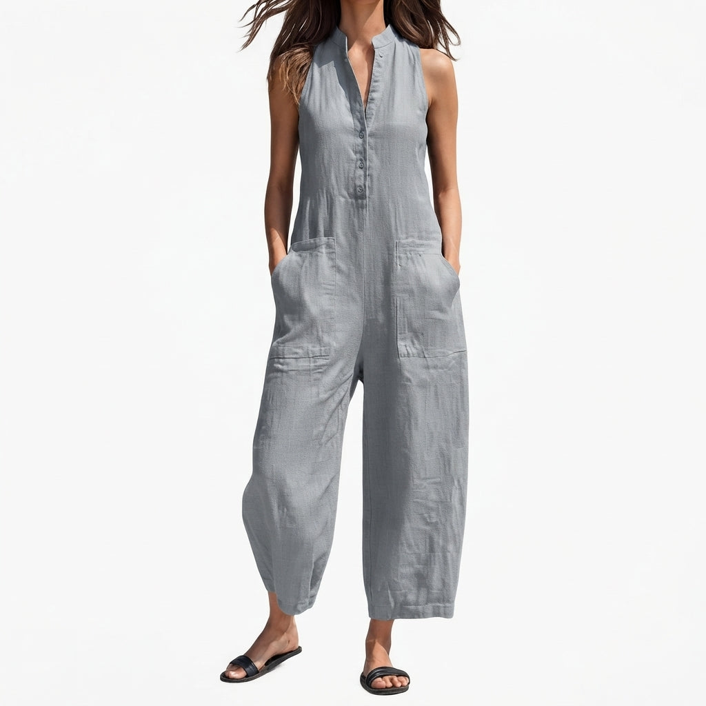 Chloe | Women's Sleeveless Linen Blend Jumpsuit with Button-Up Stand Collar