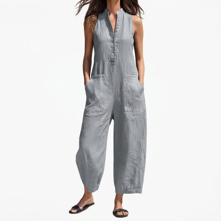 Chloe | Women's Sleeveless Linen Blend Jumpsuit with Button-Up Stand Collar