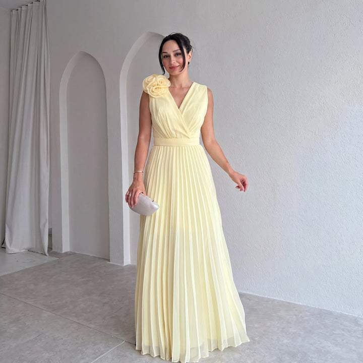 Charlotte | Women's Pleated Sleeveless Floral Applique Evening Gown