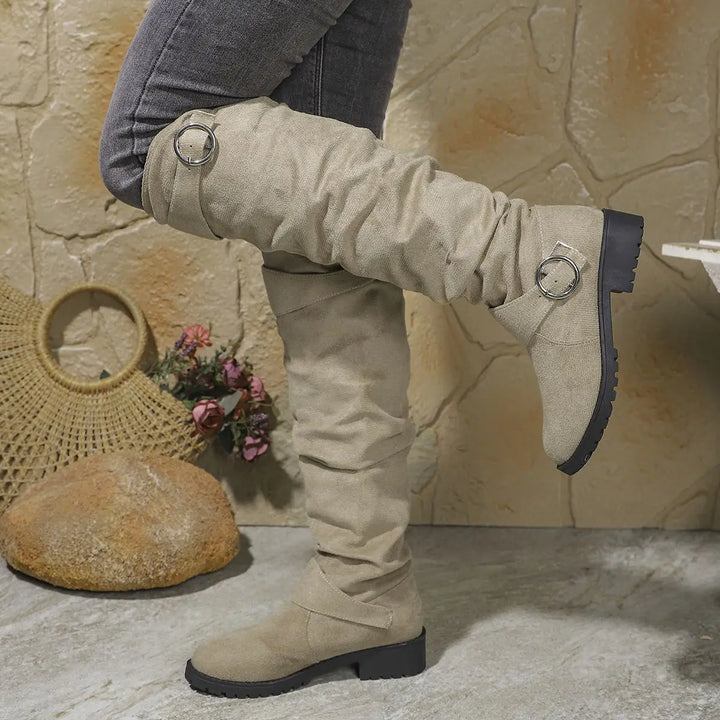 Alicia | Women's Slouchy Knee-High Boots With Buckle Details and Block Sole