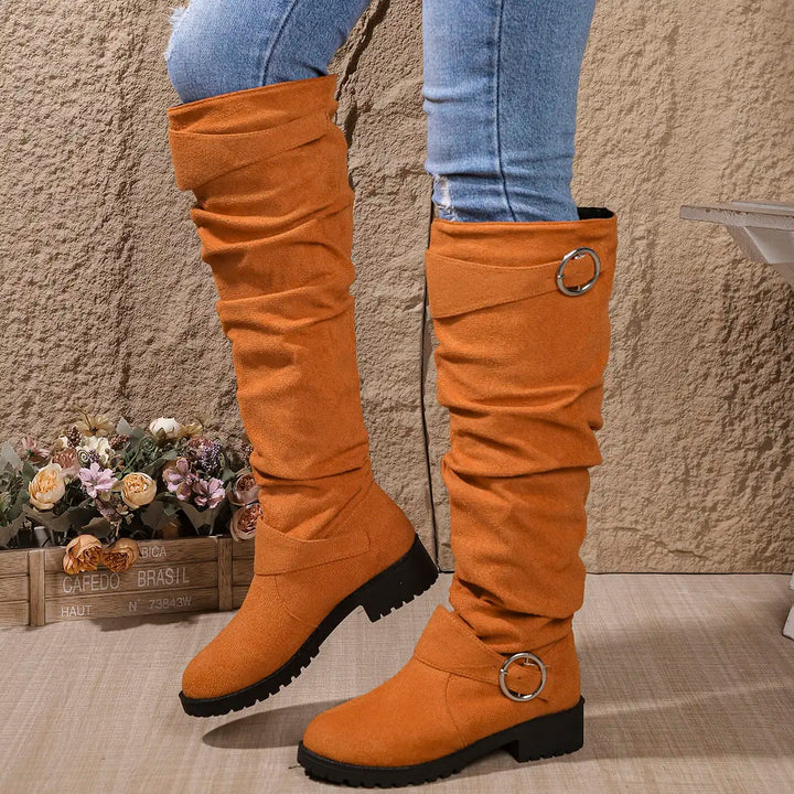 Alicia | Women's Slouchy Knee-High Boots With Buckle Details and Block Sole