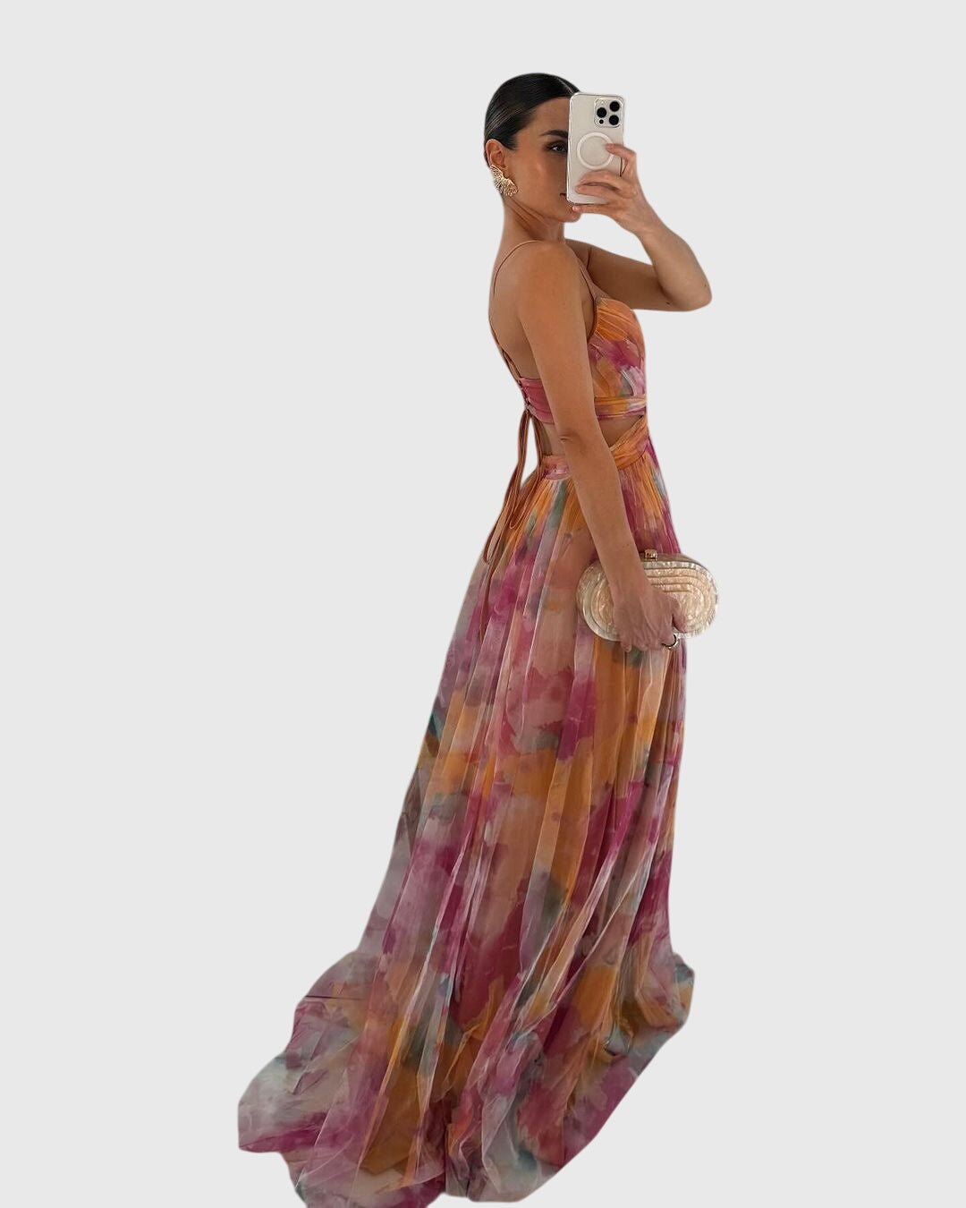 Giselle | Women's Floral Print High-Waisted Maxi Dress with Crisscross Straps