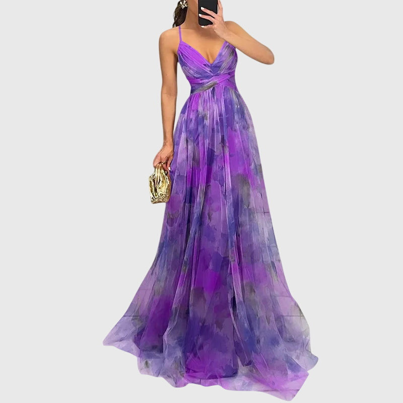 Giselle | Women's Floral Print High-Waisted Maxi Dress with Crisscross Straps