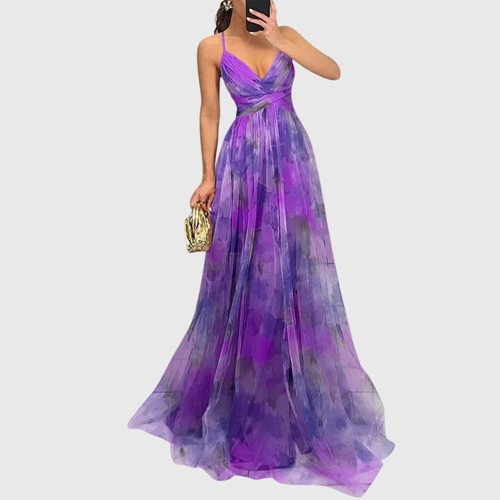 Giselle | Women's Floral Print High-Waisted Maxi Dress with Crisscross Straps
