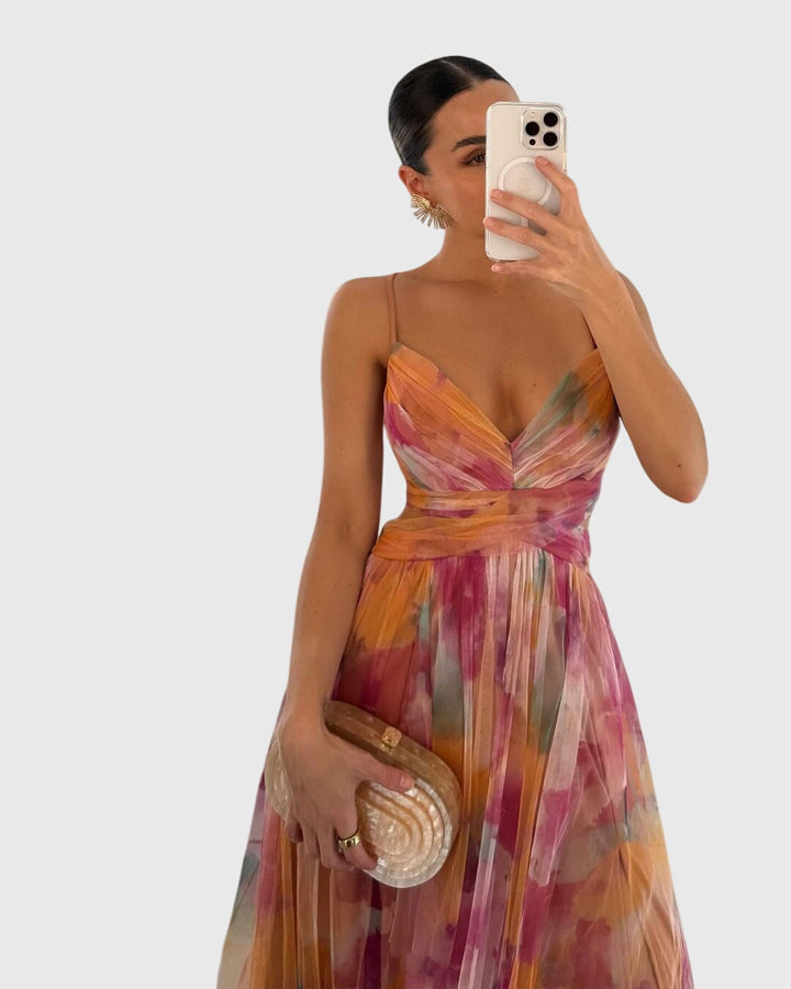 Giselle | Women's Floral Print High-Waisted Maxi Dress with Crisscross Straps