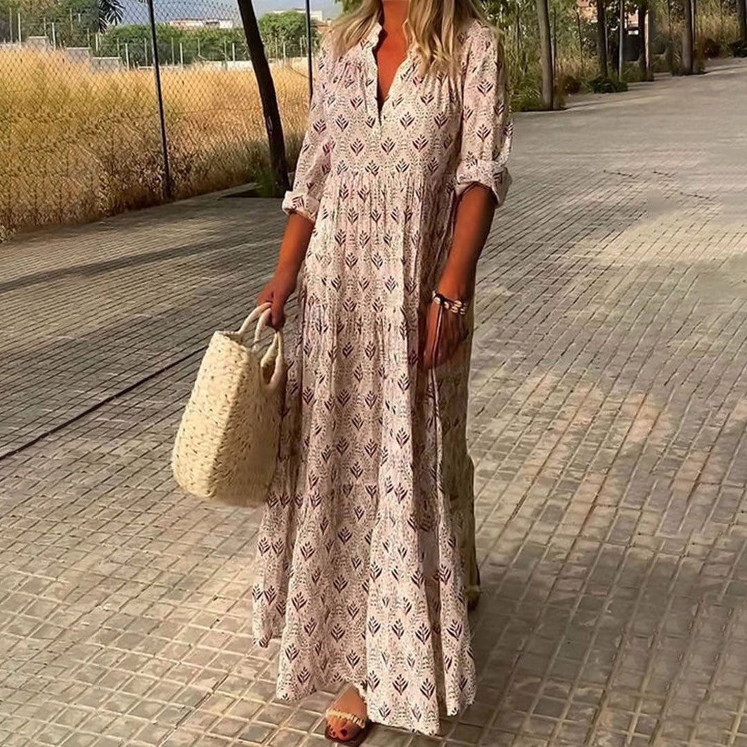 Harper | Women's V-Neck Long-Sleeve Printed Maxi Dress with Roll-Up Sleeves