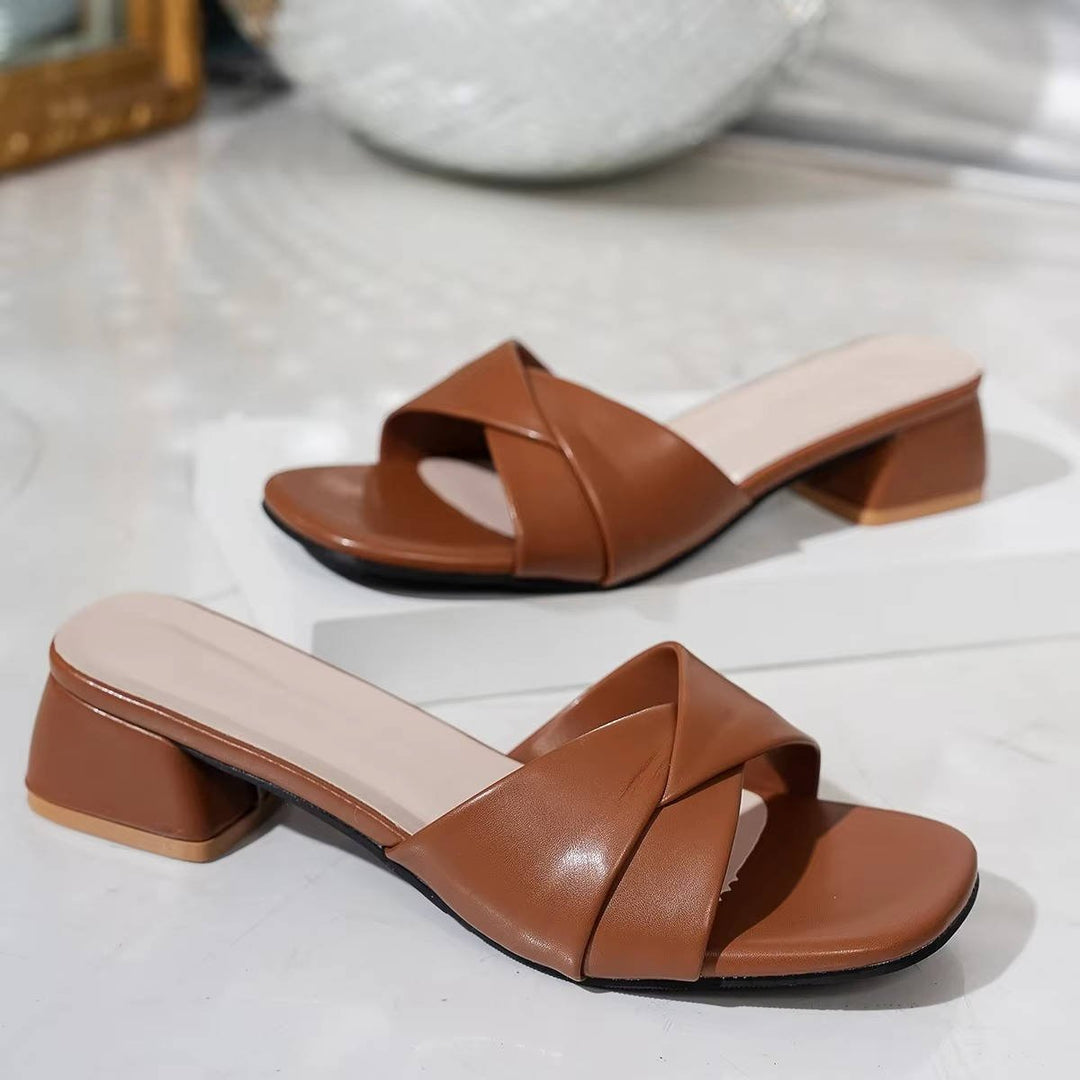 Mia | Women's Cross-Strap Block Heel Slide Sandals with Square Open Toe