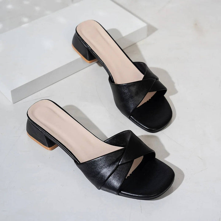 Mia | Women's Cross-Strap Block Heel Slide Sandals with Square Open Toe