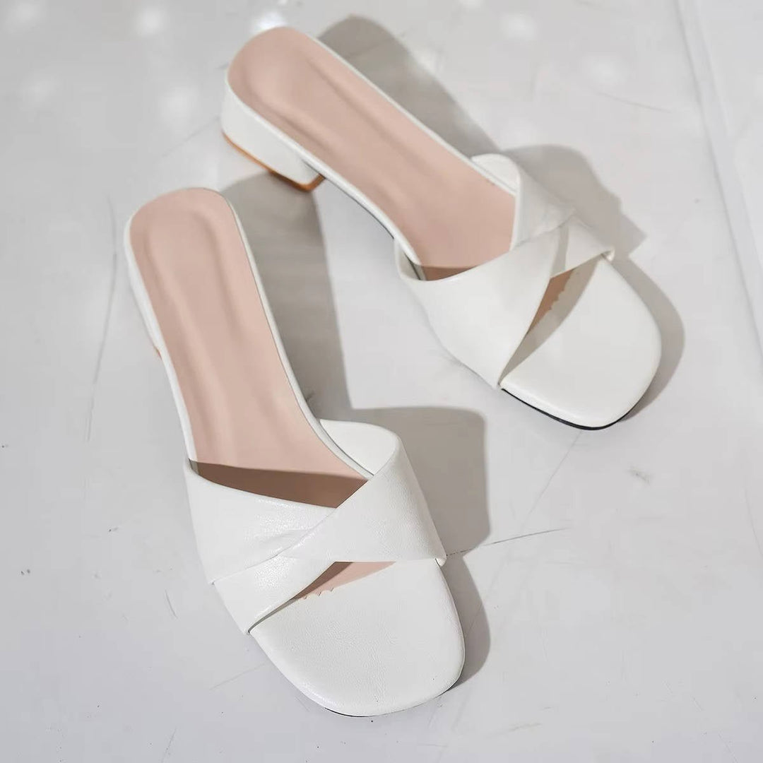 Mia | Women's Cross-Strap Block Heel Slide Sandals with Square Open Toe
