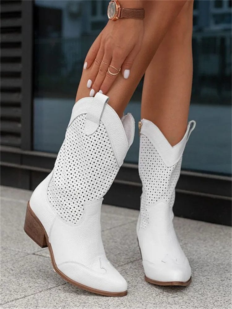 Taren | Women's Side-Zip Western Boots with Block Heel and Perforated Panels
