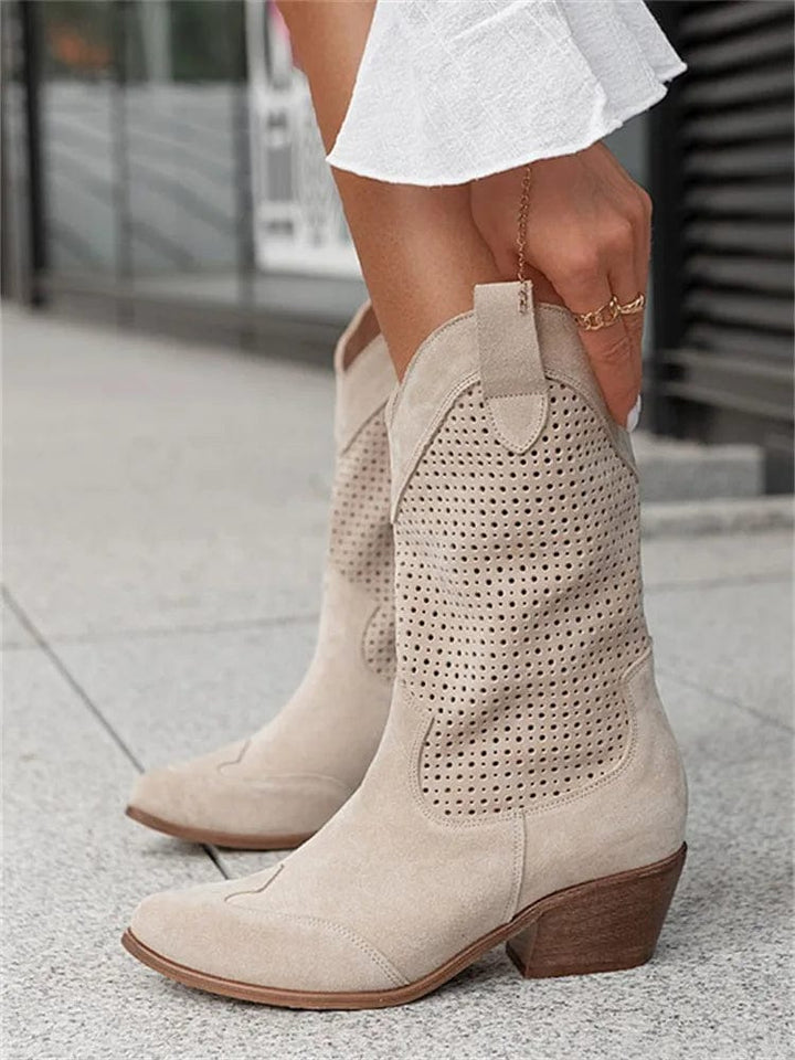 Taren | Women's Side-Zip Western Boots with Block Heel and Perforated Panels