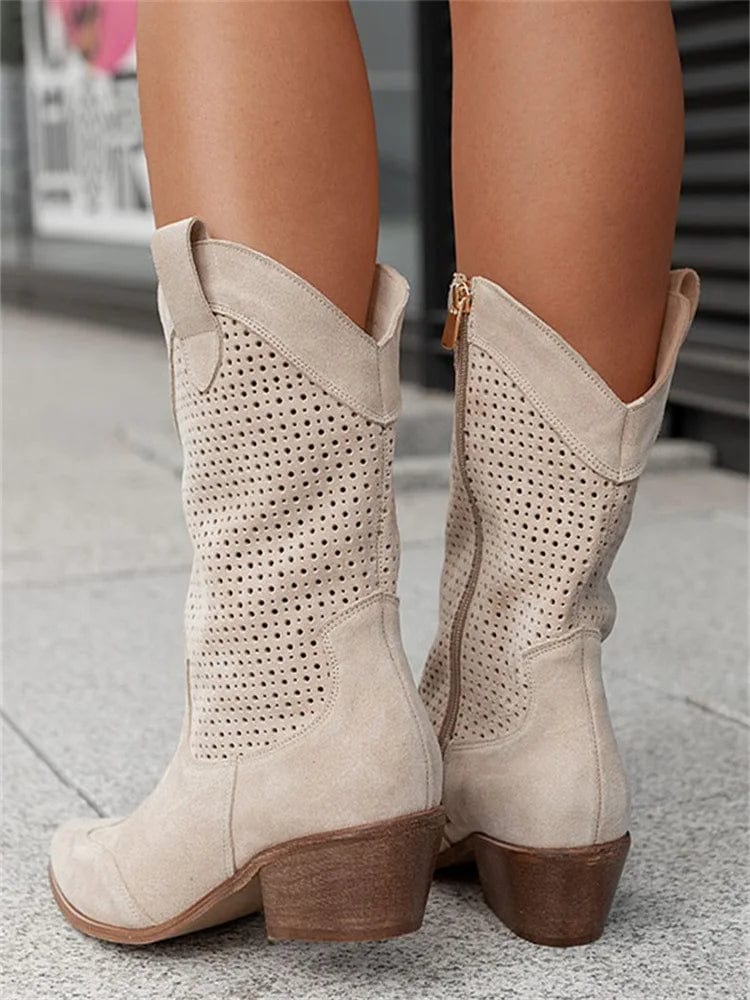 Taren | Women's Side-Zip Western Boots with Block Heel and Perforated Panels