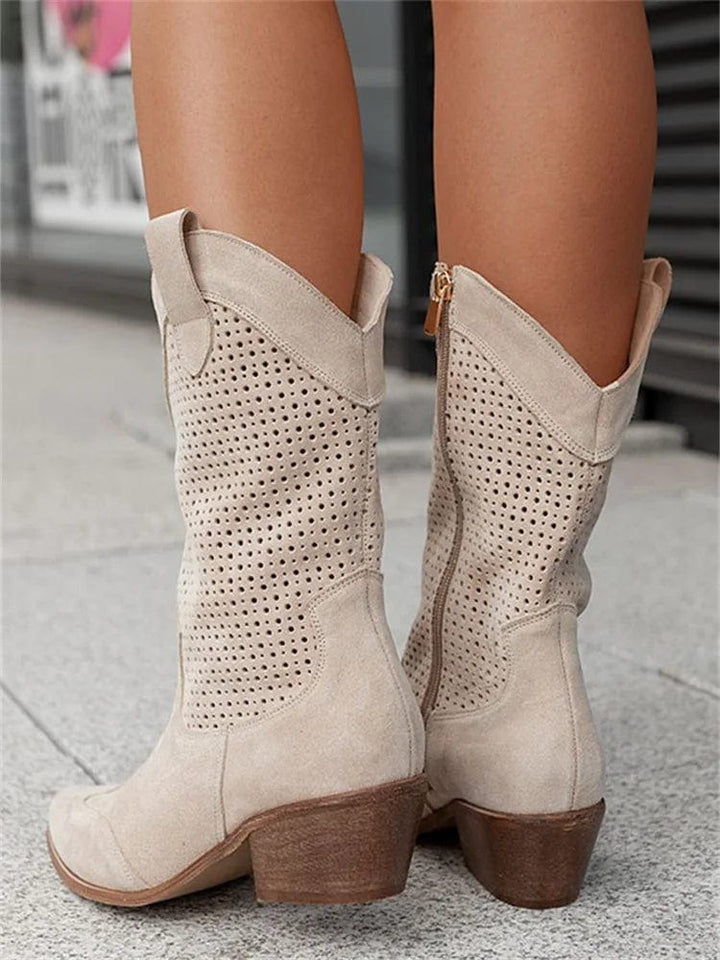 Taren | Women's Side-Zip Western Boots with Block Heel and Perforated Panels